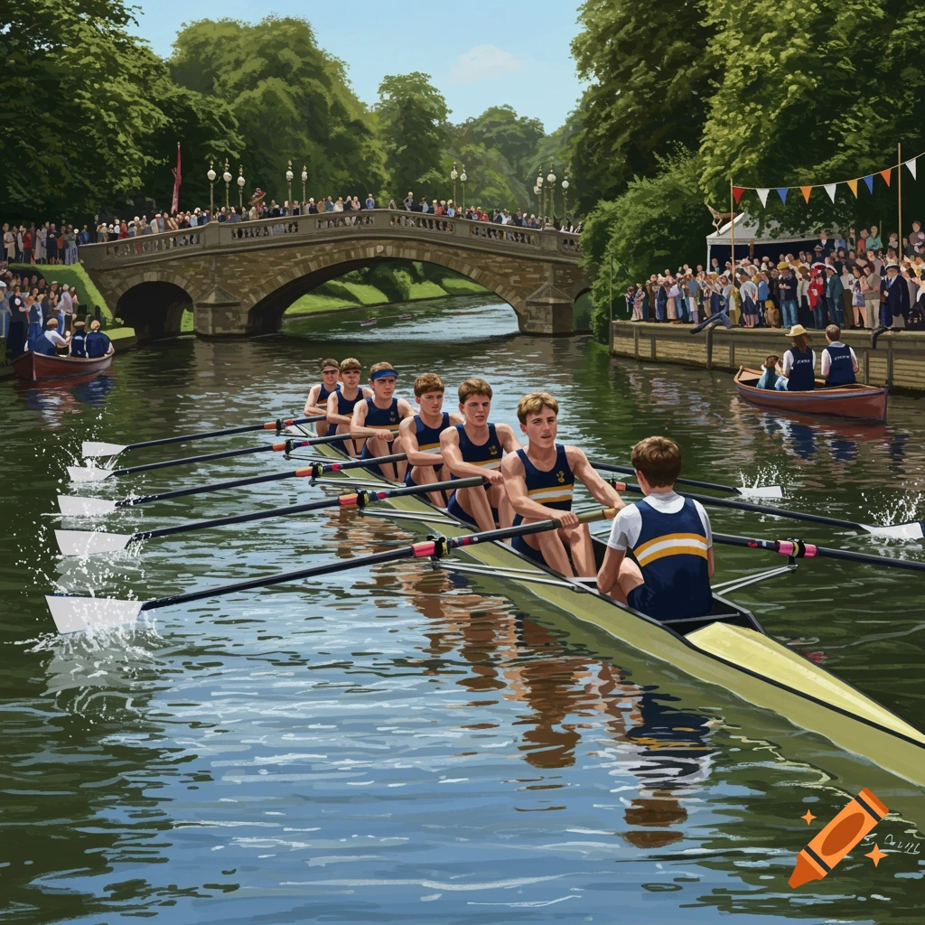 A painting of a rowing crew on a river, with crowds watching from a bridge and riverbank.