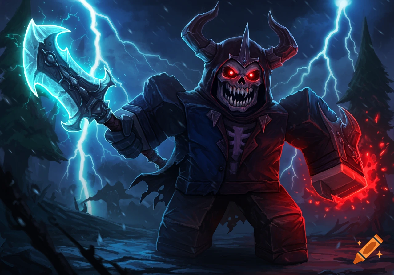 Roblox-style skeleton warrior with glowing red eyes and horned hood, wielding a glowing blue axe and a red power gauntlet, under lightning.