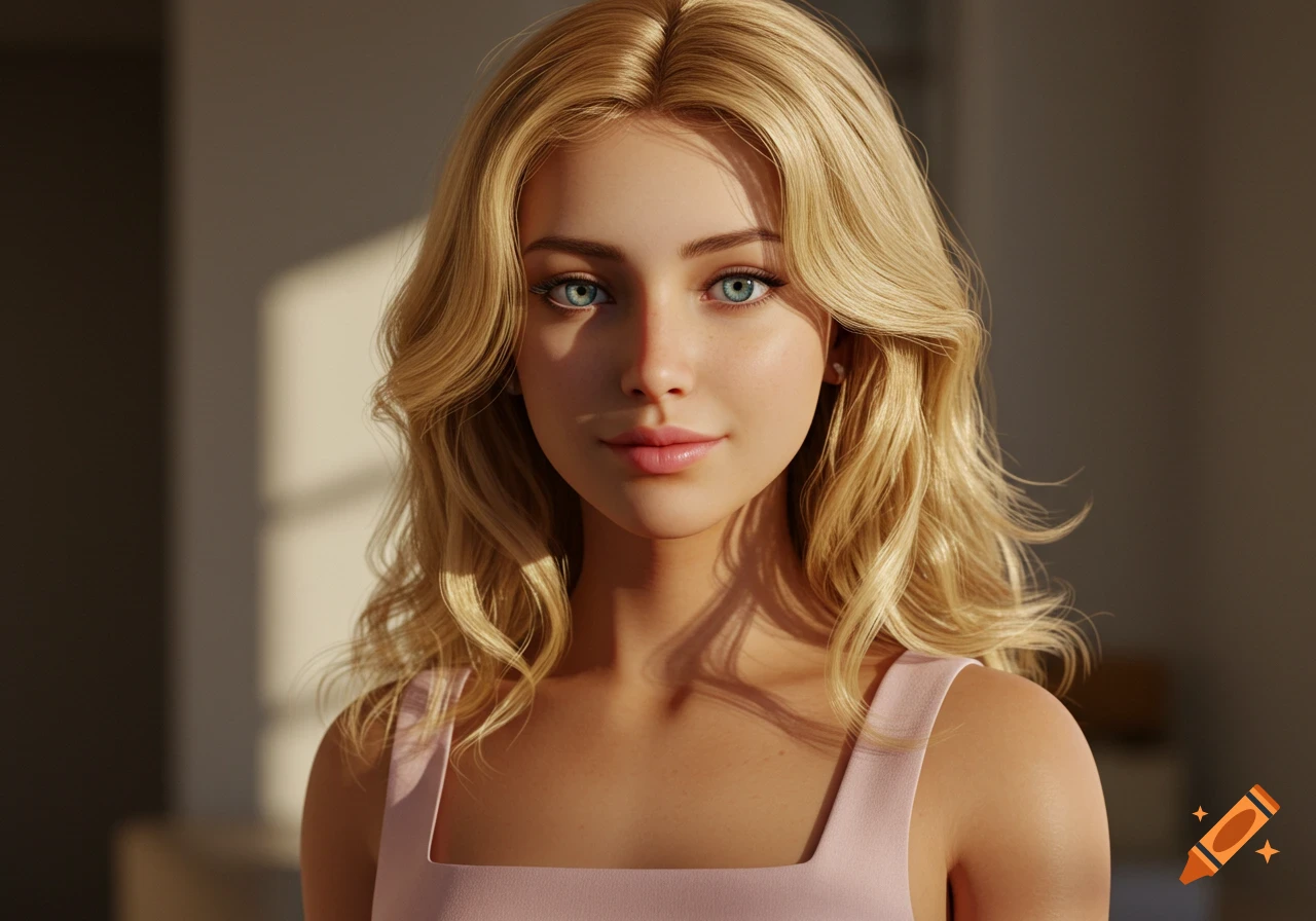A close-up photorealistic portrait of a young woman with blonde hair, blue eyes, and a serene expression, wearing a light pink square-neck top.