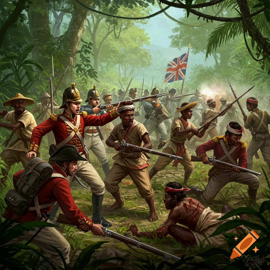 An epic illustration of British and colonial soldiers engaged in a chaotic jungle battle with rifles and bayonets.