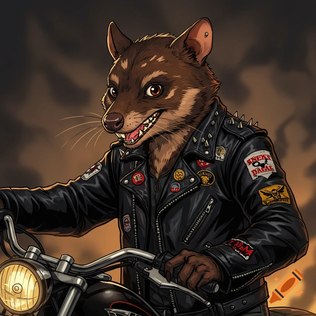 An anthropomorphic quoll wearing a studded black leather biker jacket rides a motorcycle. Illustration style.