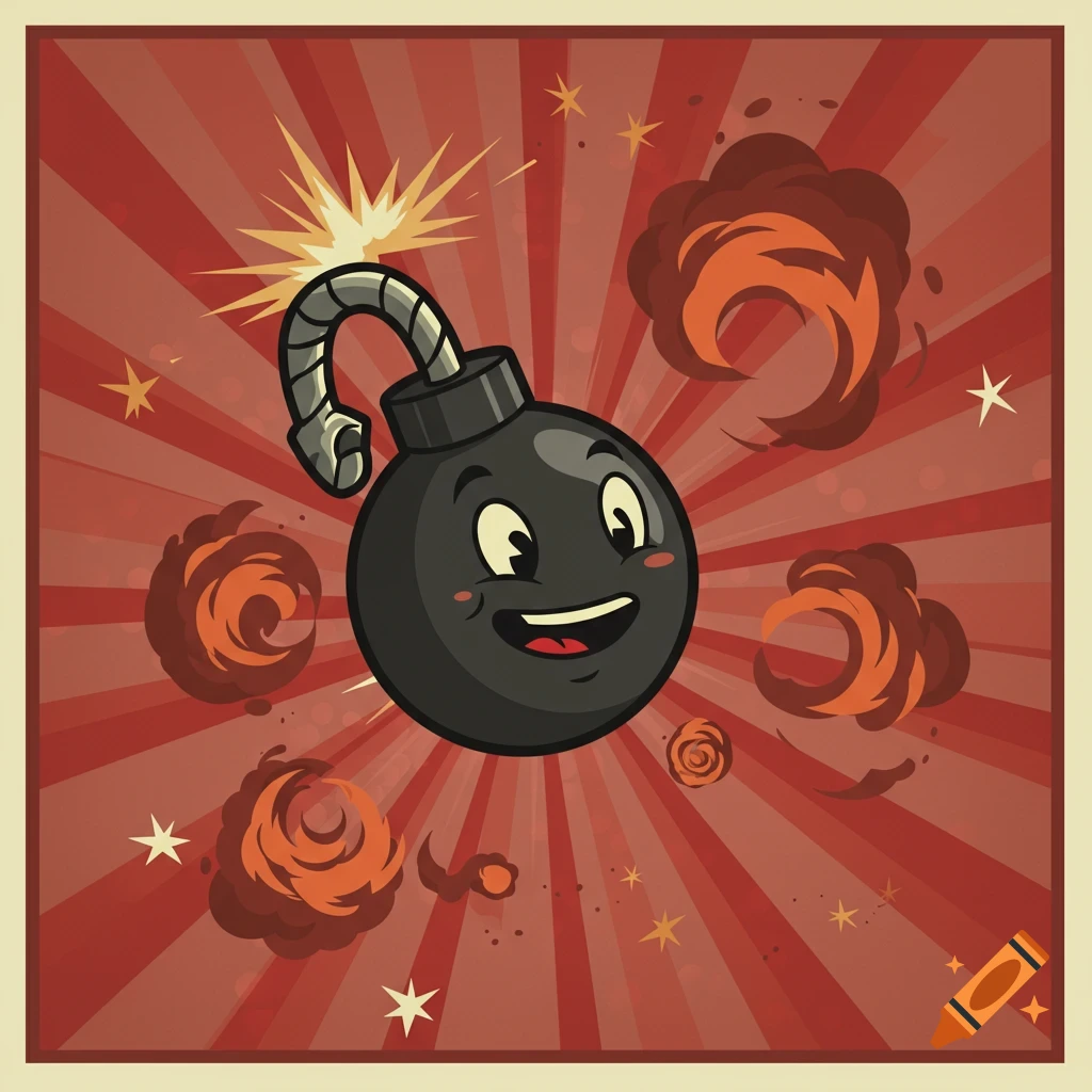 Cartoon bomb with a happy face and lit fuse, surrounded by smoke and sparks on a red sunburst background in a vintage poster style.