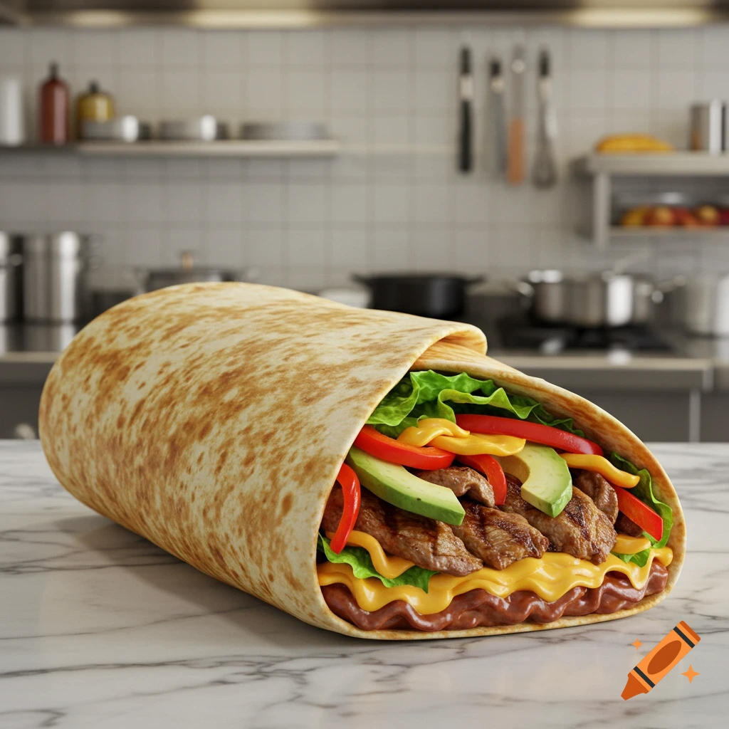 A close-up, photorealistic image of a large, plump burrito filled with meat, cheese, lettuce, avocado, and red peppers, set on a marble counter in a professional kitchen.