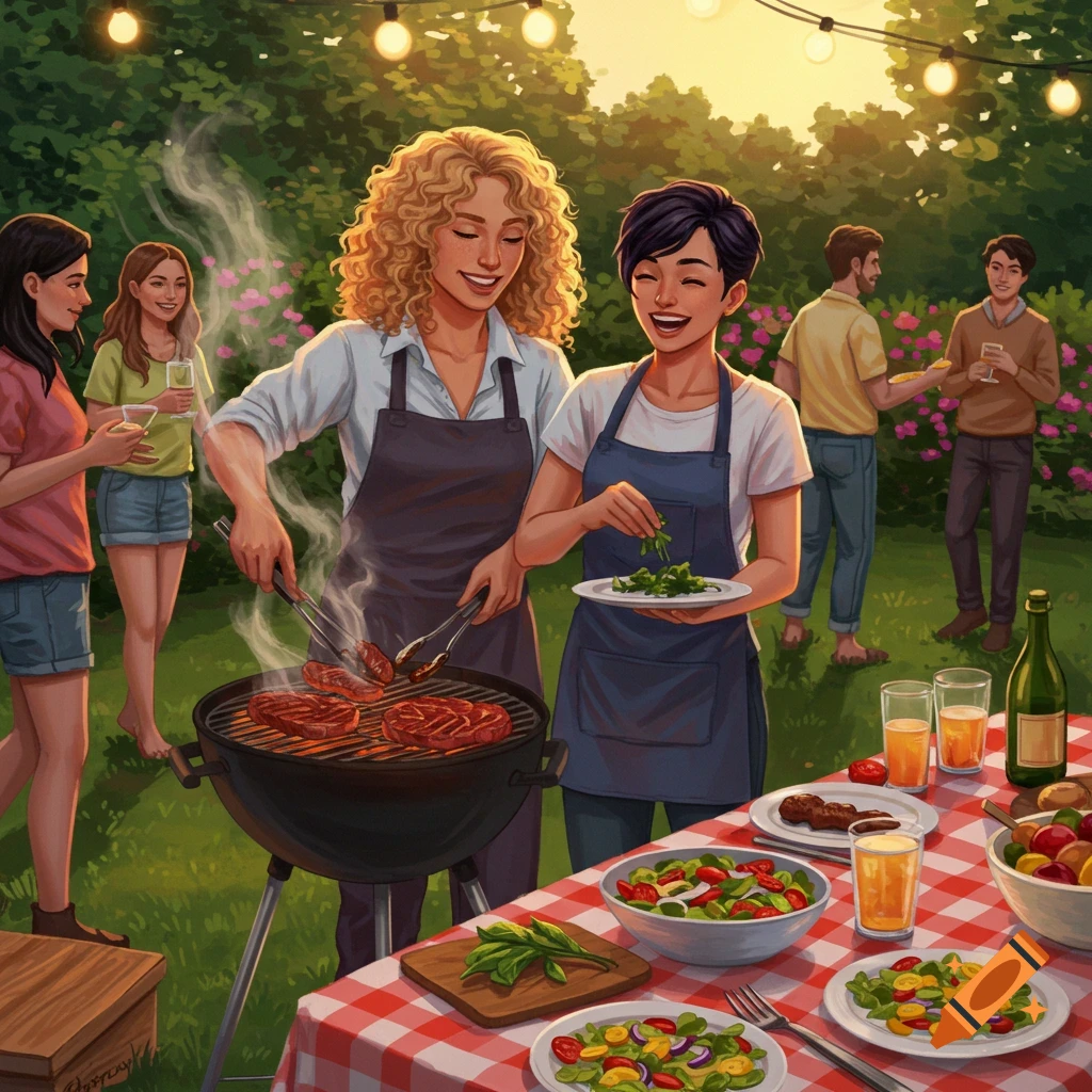 An illustration of a group of diverse friends enjoying a lively outdoor barbecue. Two women grill and prepare food at the center, while others mingle in the background under string lights.