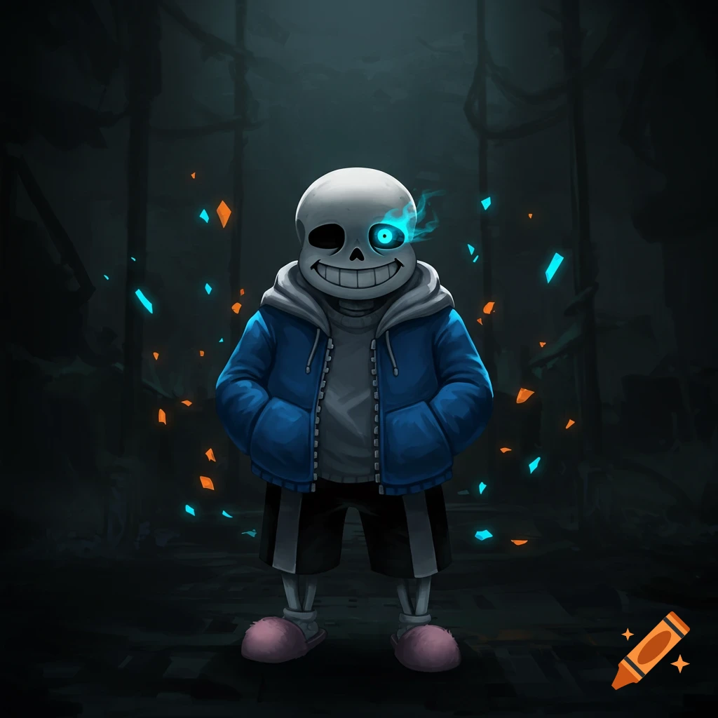 Stylized digital art of Sans from Undertale, a skeleton in a blue jacket with a glowing blue eye, standing in a dark setting.