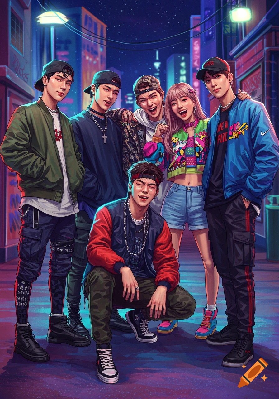 Vibrant illustration of a K-pop group, five boys and one girl, in trendy street clothes posing in a neon-lit urban alley.