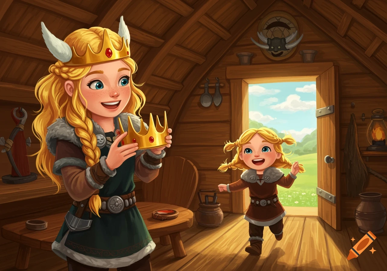 A cheerful Viking girl polishes her golden crown in a cozy wooden hut while her younger sister runs up smiling, in a children's book style.