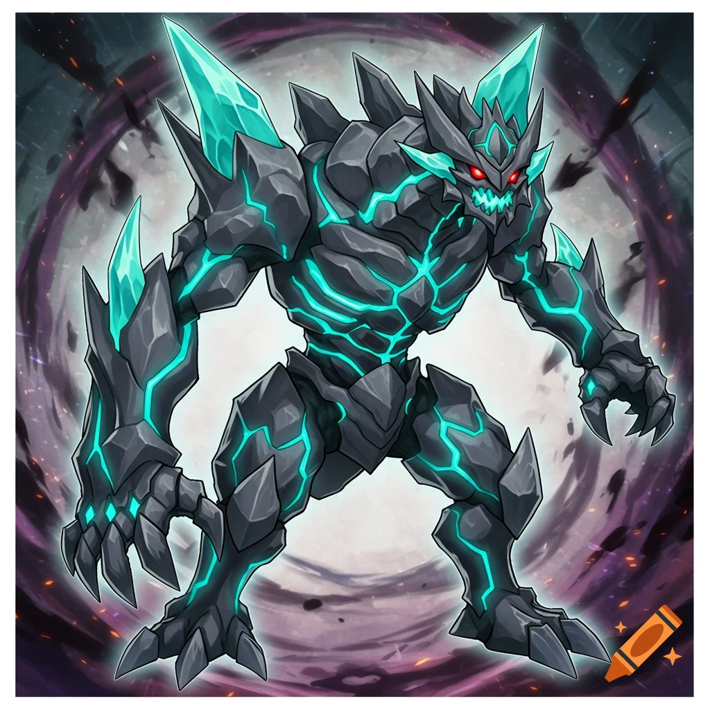 A dark, rocky monster with glowing teal cracks and sharp crystals and red eyes, in a Yu-Gi-Oh inspired anime style.
