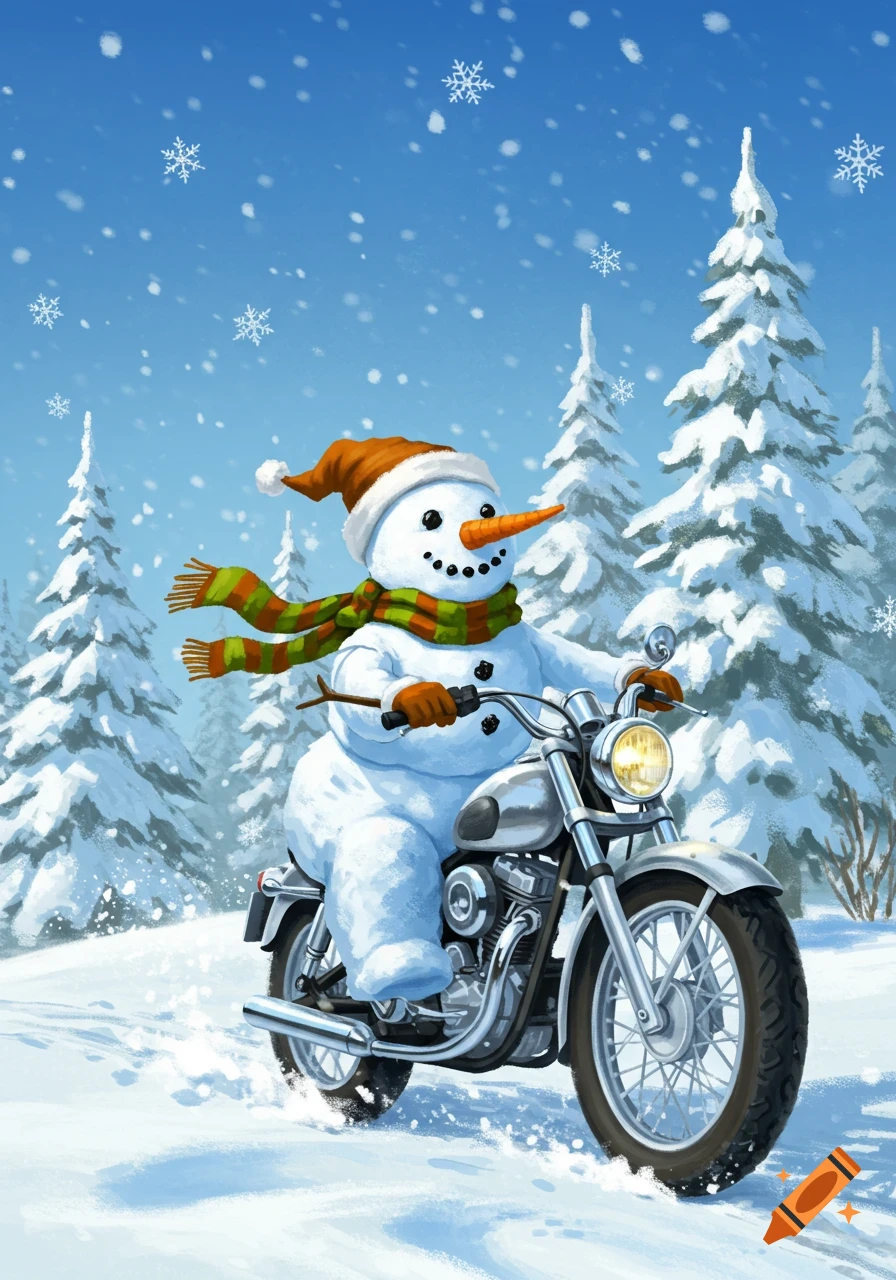 A snowman wearing a Santa hat and scarf rides a motorcycle through a snowy forest as snowflakes fall.