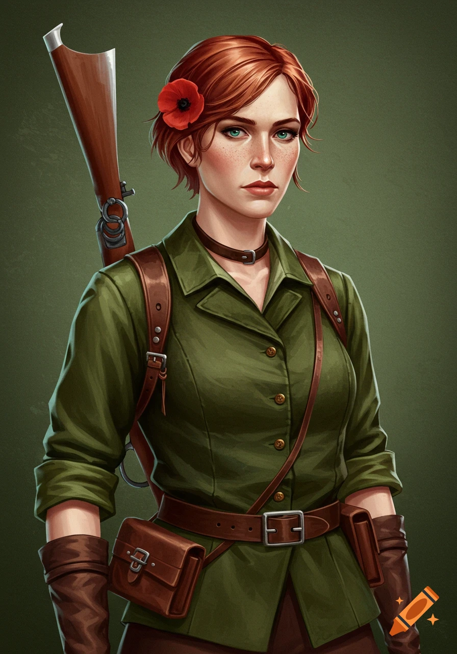 A red-haired woman in a green uniform with leather straps and a rifle slung over her shoulder, with a red poppy in her hair.