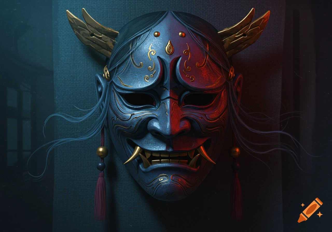 A detailed Japanese yokai mask with gold horns, split blue and red halves, and decorative tassels.
