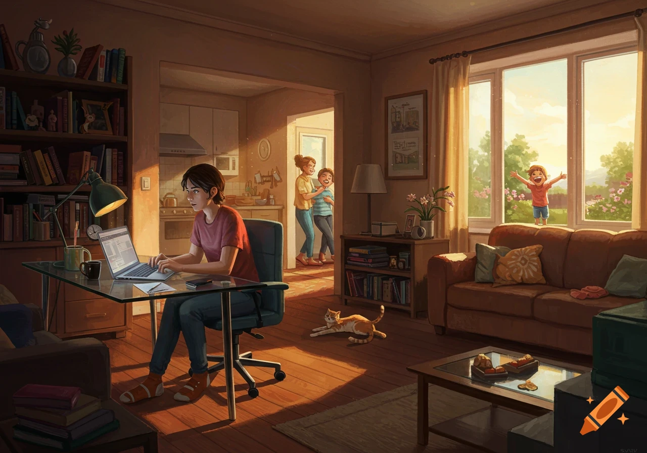 A person works on a laptop at a desk in a warm, sunlit home, while family members and a cat are nearby. Digital illustration.