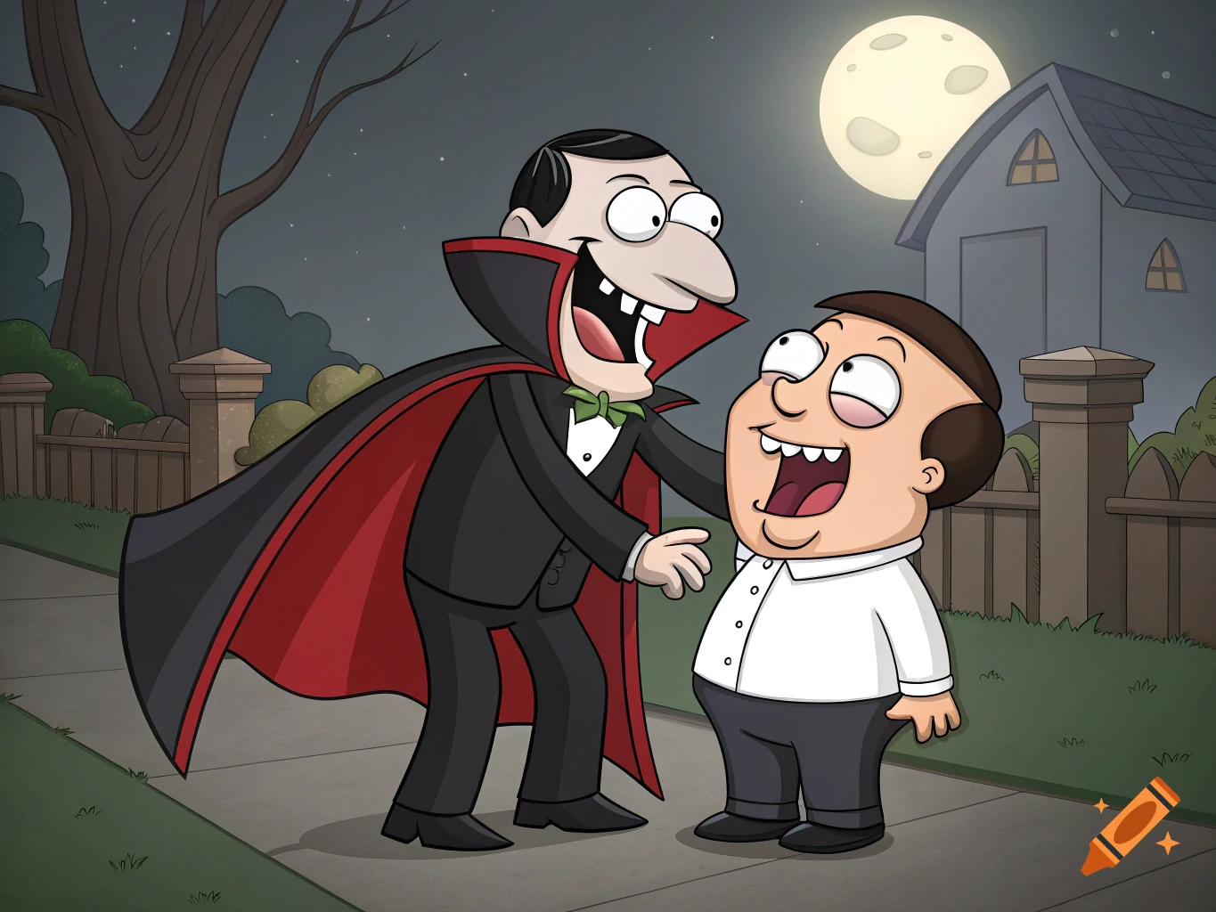 A friendly cartoon vampire in a cape leans over a man with an open mouth on a suburban street at night with a full moon.