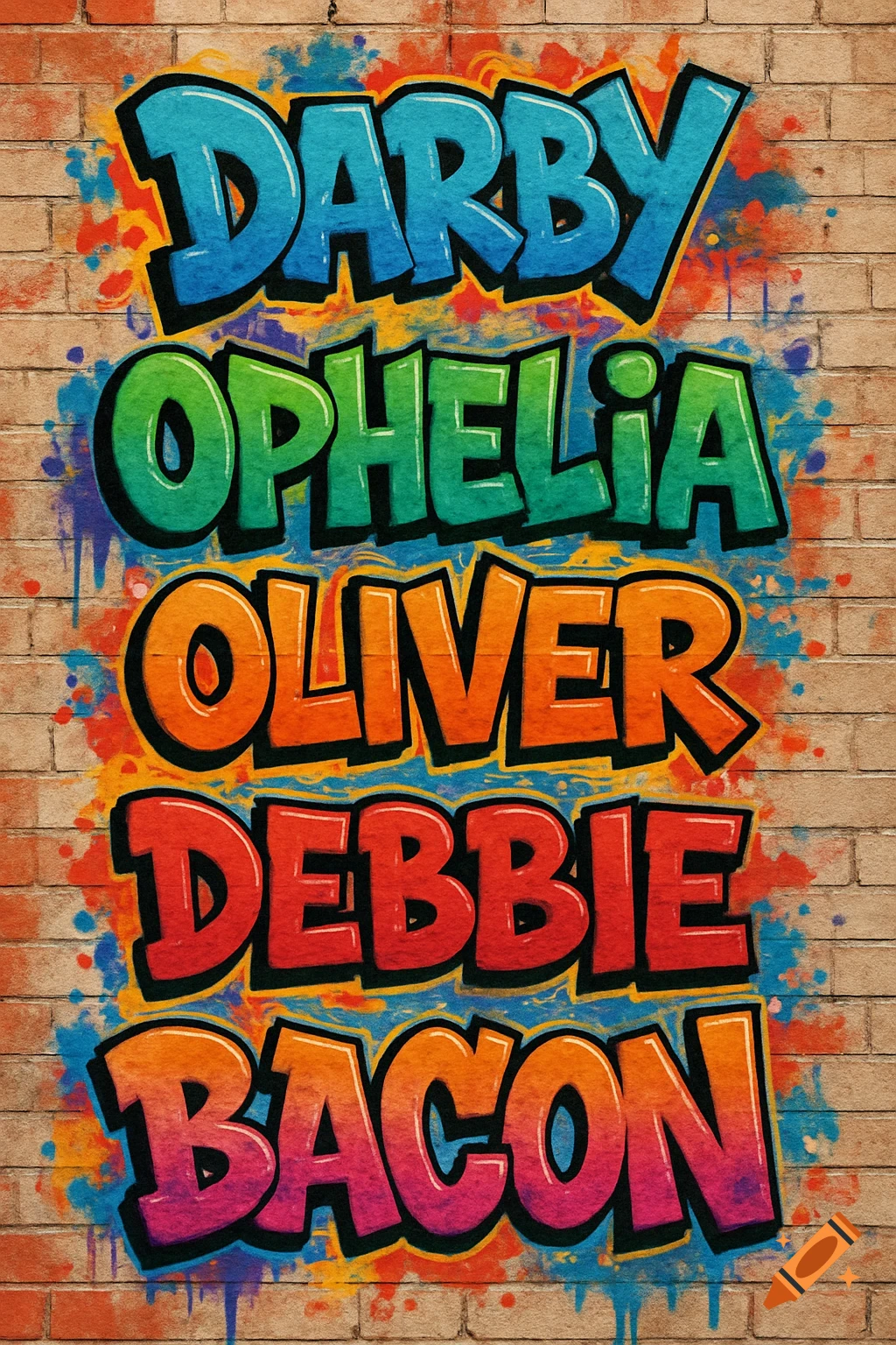 Colorful graffiti art spells out the names Darby, Ophelia, Oliver, Debbie, and Bacon on a brick wall.