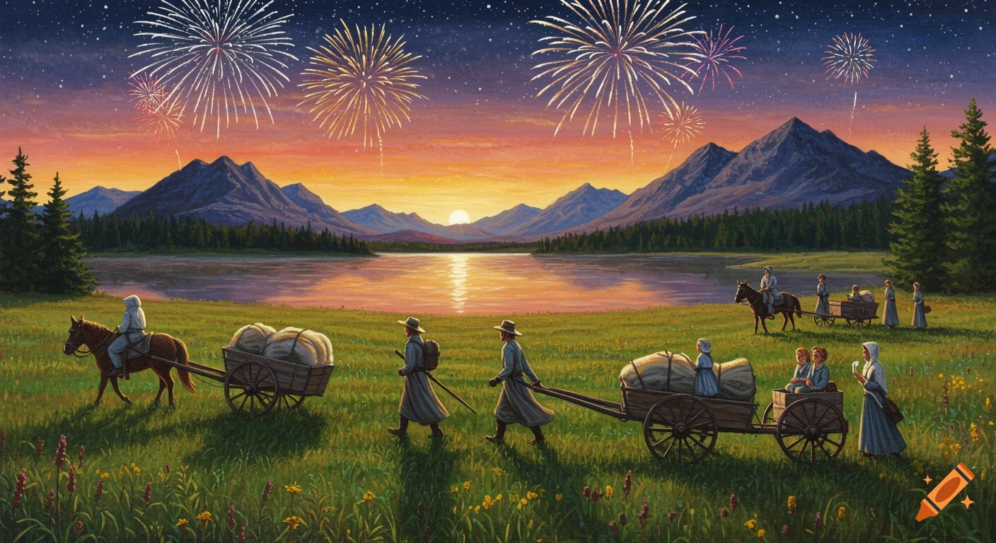Watercolor painting of pioneers with handcarts and horses, walking through a grassy field by a lake at sunset with fireworks.