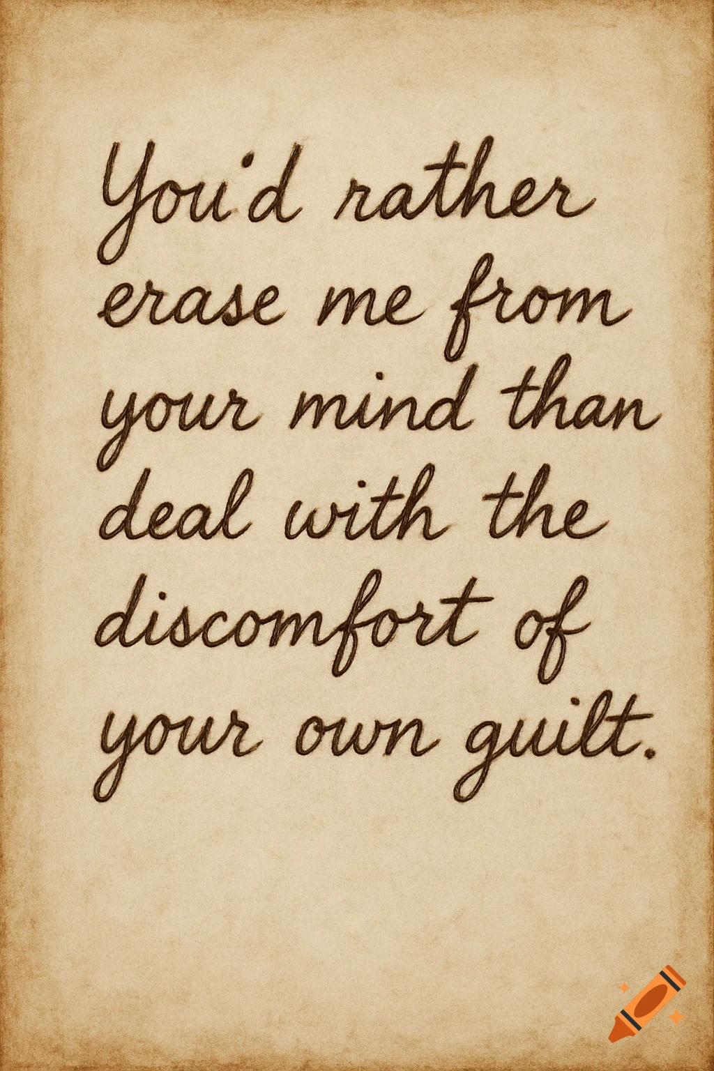 A handwritten quote on aged, tan paper reads, 'You'd rather erase me from your mind than deal with the discomfort of your own guilt.'
