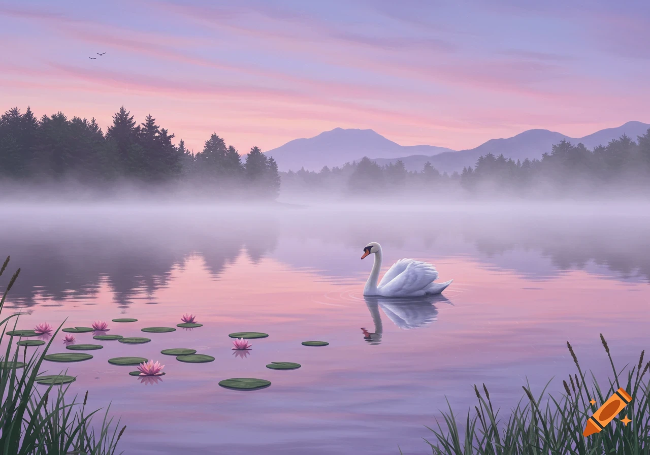 A swan swims on a calm lake with lily pads at sunrise, surrounded by misty trees and mountains under a pink and purple sky.