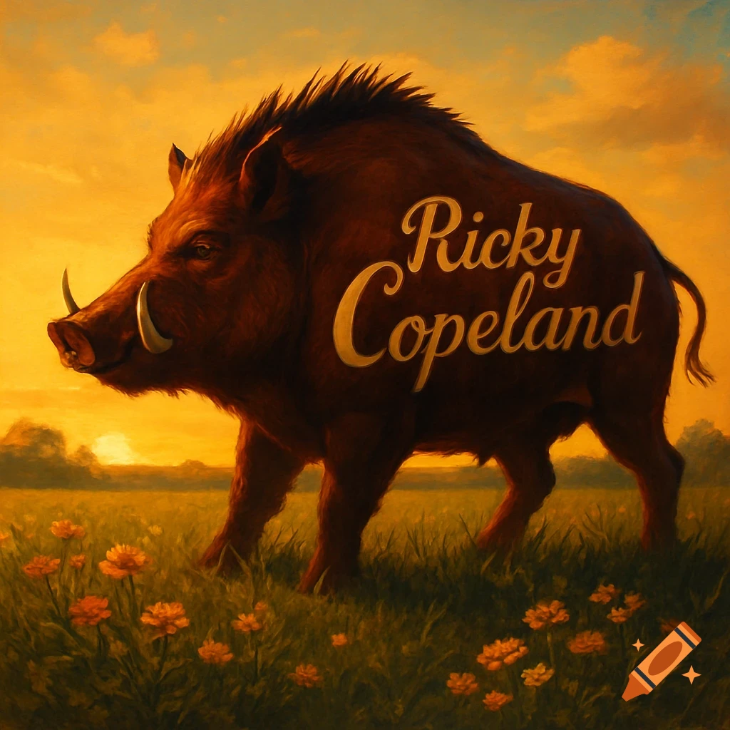 A dark brown wild boar with tusks and the name "Ricky Copeland" on its side stands in a grassy field with orange flowers at sunset, in a painterly style.