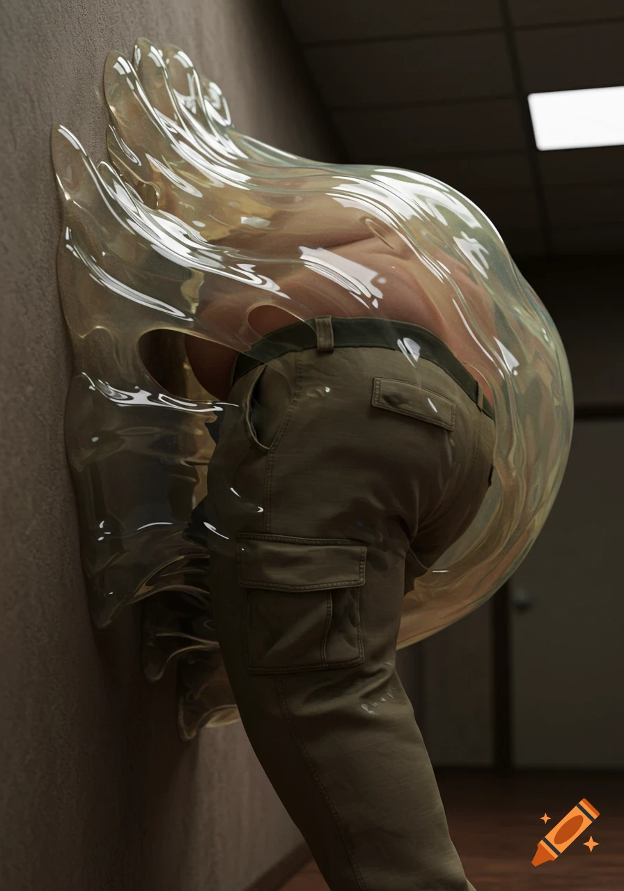 An overweight man in khaki cargo pants is being consumed by a translucent, blob-shaped slime clinging to a textured wall in a dimly lit hallway.