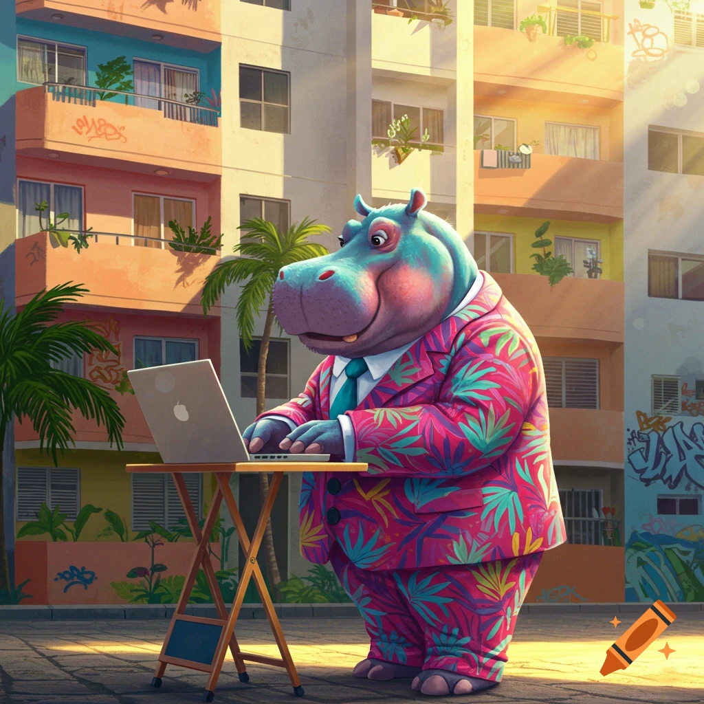 A whimsical cartoon hippo in a vibrant, flowered suit stands outdoors, typing on a silver laptop at a small wooden table, with colorful apartment buildings and palm trees in the background.