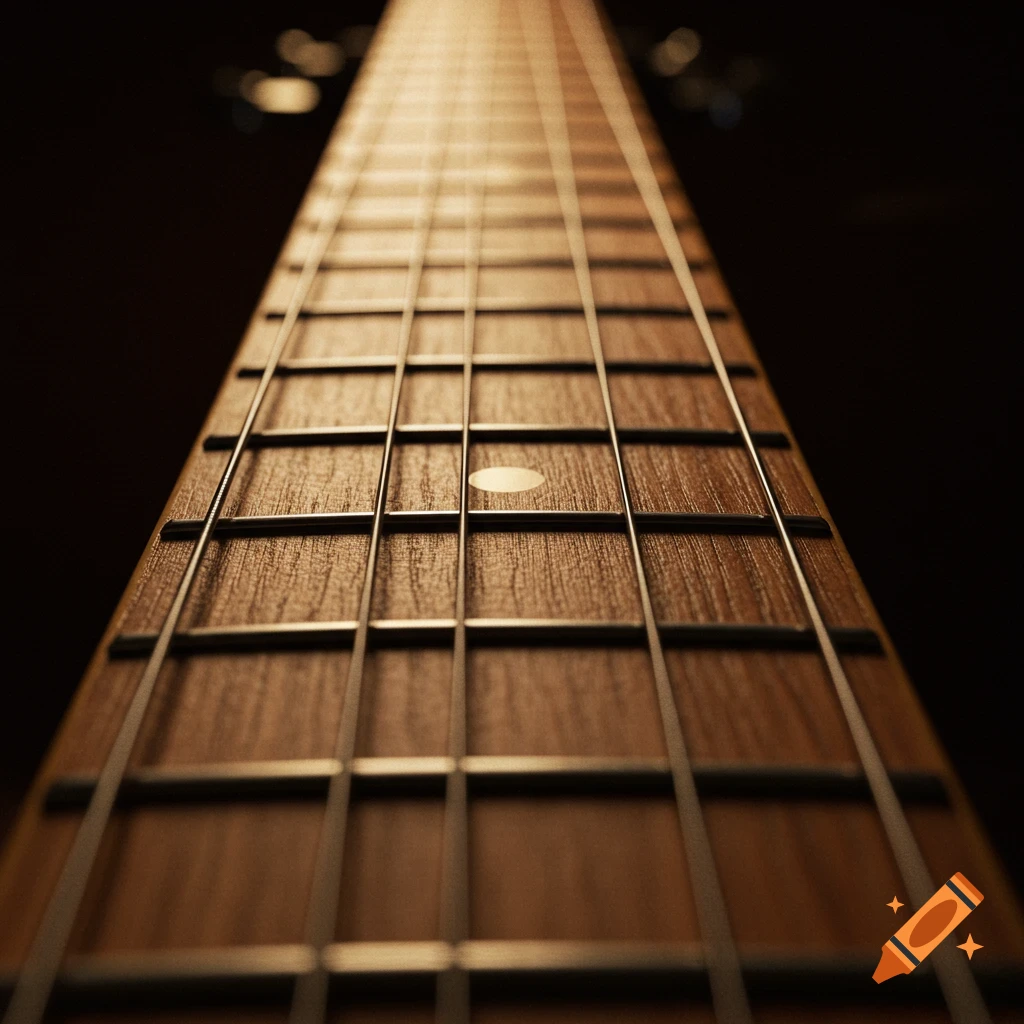 A close-up, low-angle shot of a guitar fretboard, showing the wooden frets and metallic strings fading into a dark background.