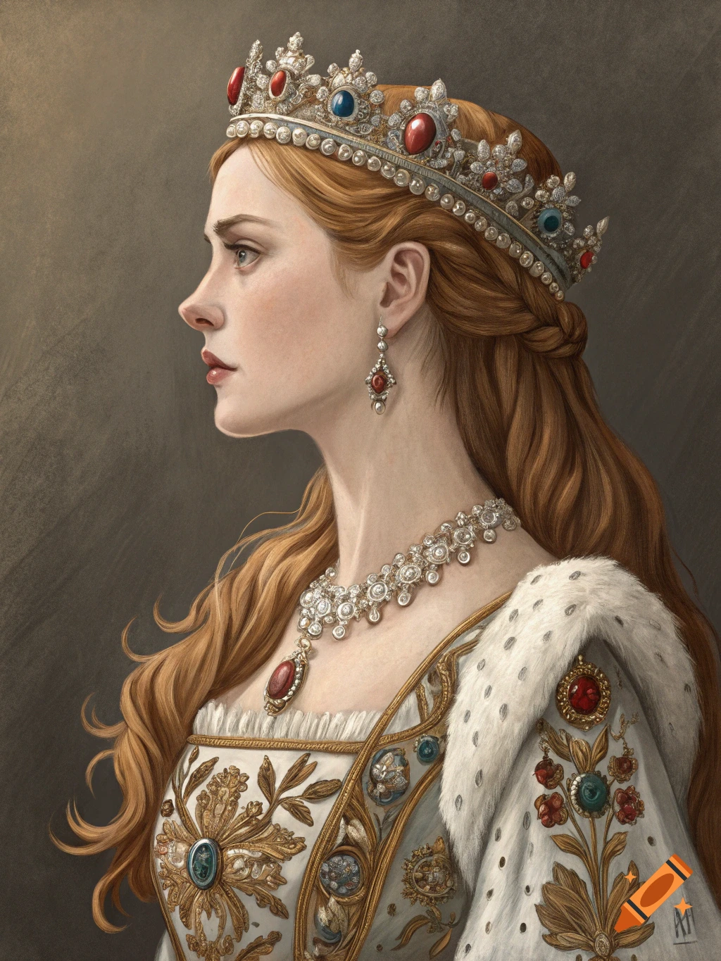 Profile portrait of a red-haired queen in a crown, ornate necklace, and regal gown, against a dark background.