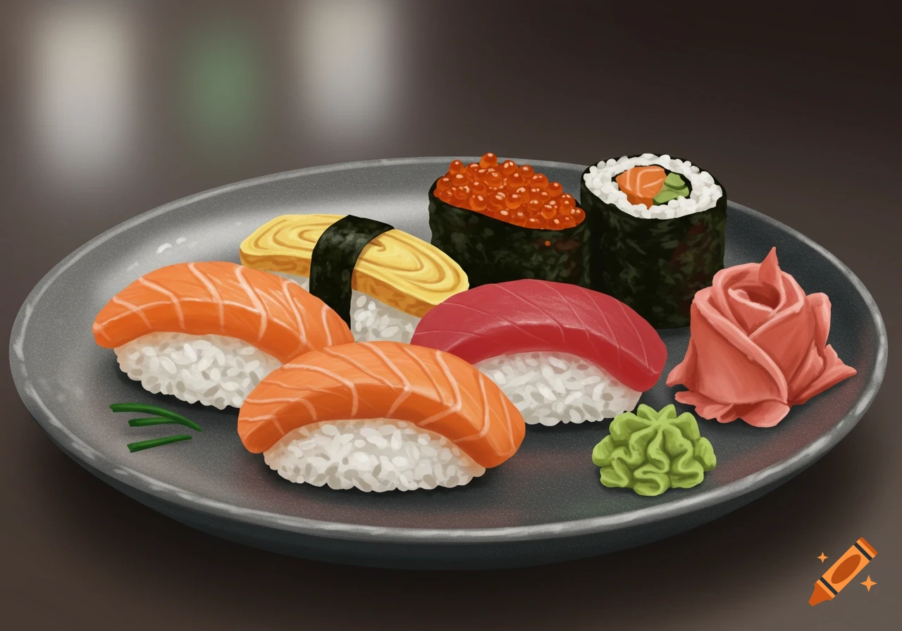 An illustrative plate of assorted sushi, including salmon nigiri, tamago, tuna, salmon roe, and a maki roll, served with pickled ginger and wasabi.