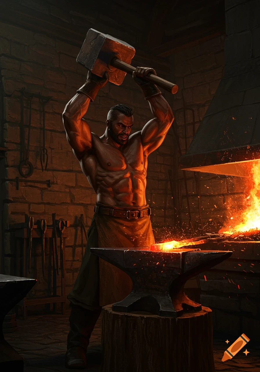Muscular blacksmith striking hot iron on an anvil with a hammer in a dimly lit shop.
