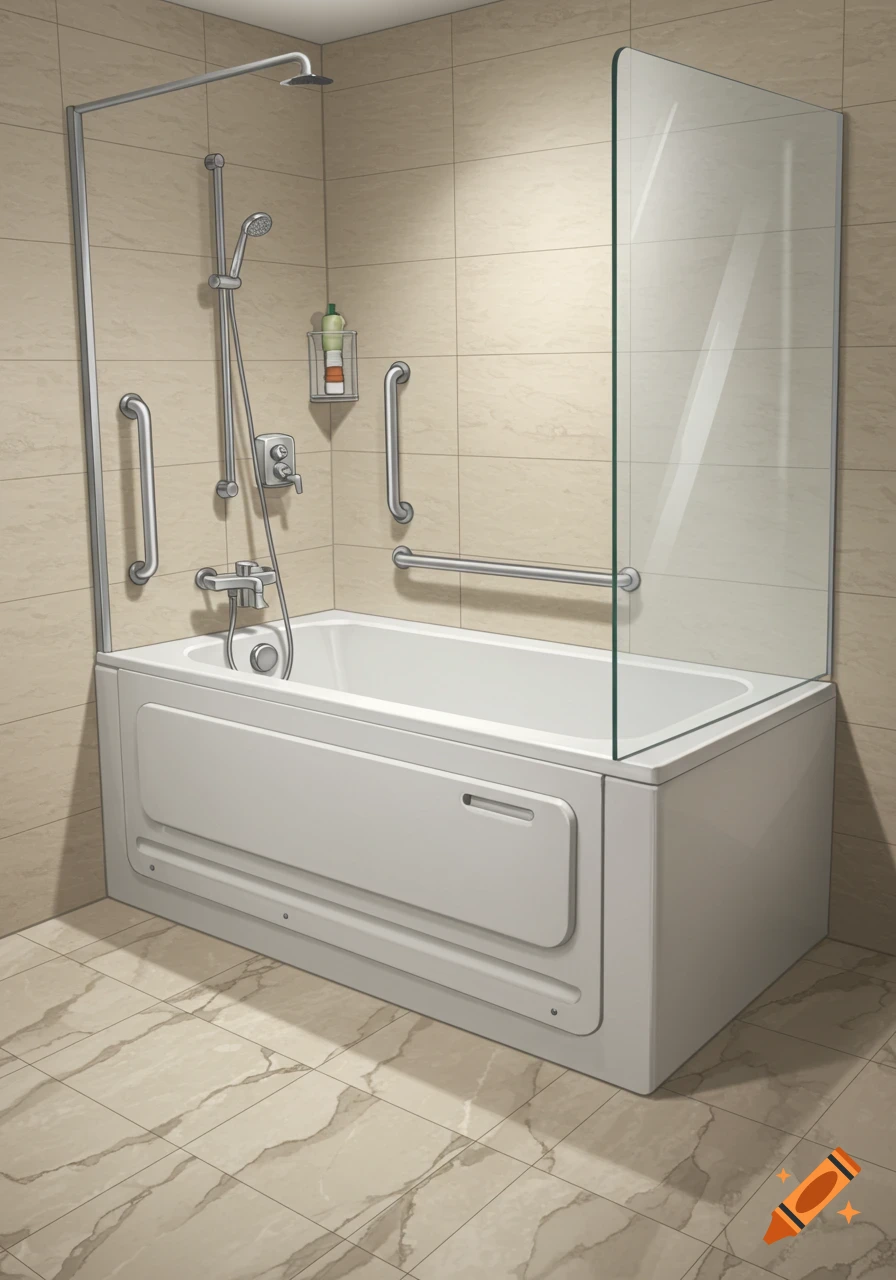 An illustration of a modern bathroom with a white bathtub and shower, featuring accessibility grab bars on the tiled wall.
