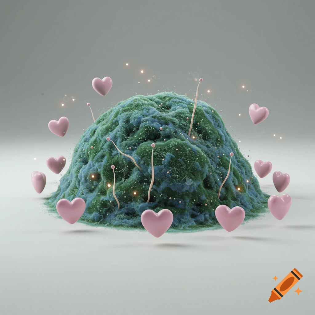 A fuzzy, textured green and blue mound surrounded by floating pink hearts and sparkling lights on a light background.