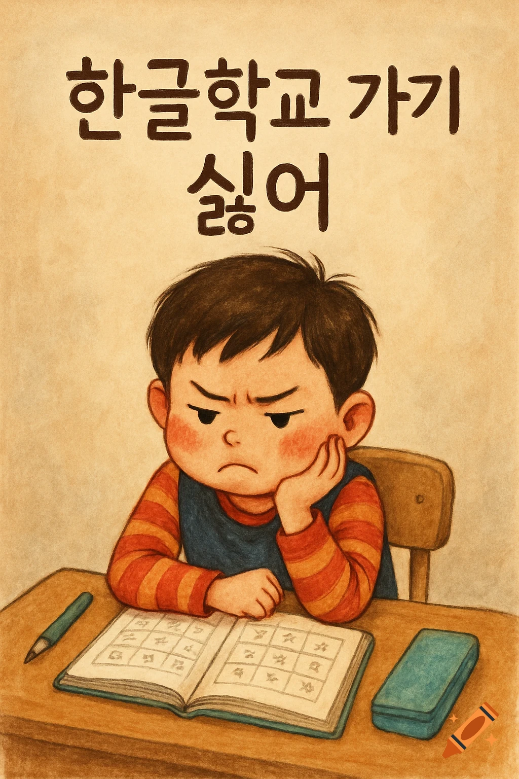An illustration of a grumpy young boy sitting at a school desk with an open book, under Korean text that reads 'I don't want to go to Korean school'.