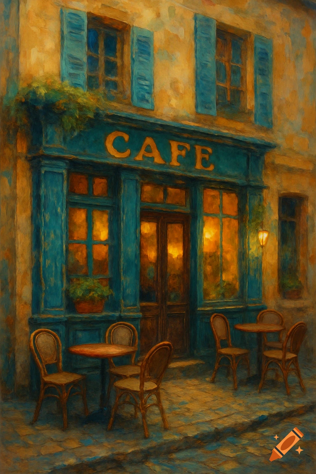 A colorful, impressionistic painting of a cafe storefront with blue shutters and outdoor tables.