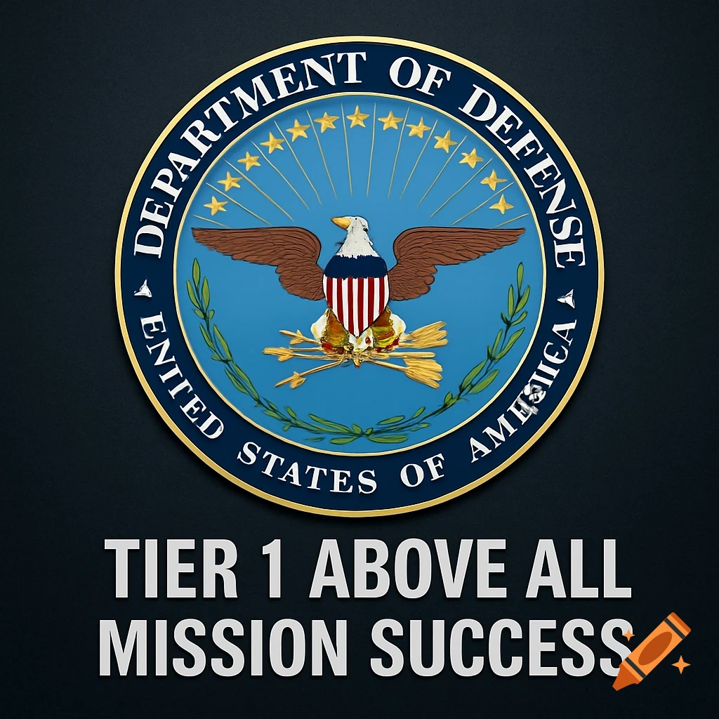 Department of Defense emblem with an eagle, stars, and text, above the white text 'TIER 1 ABOVE ALL MISSION SUCCESS' on a dark background.