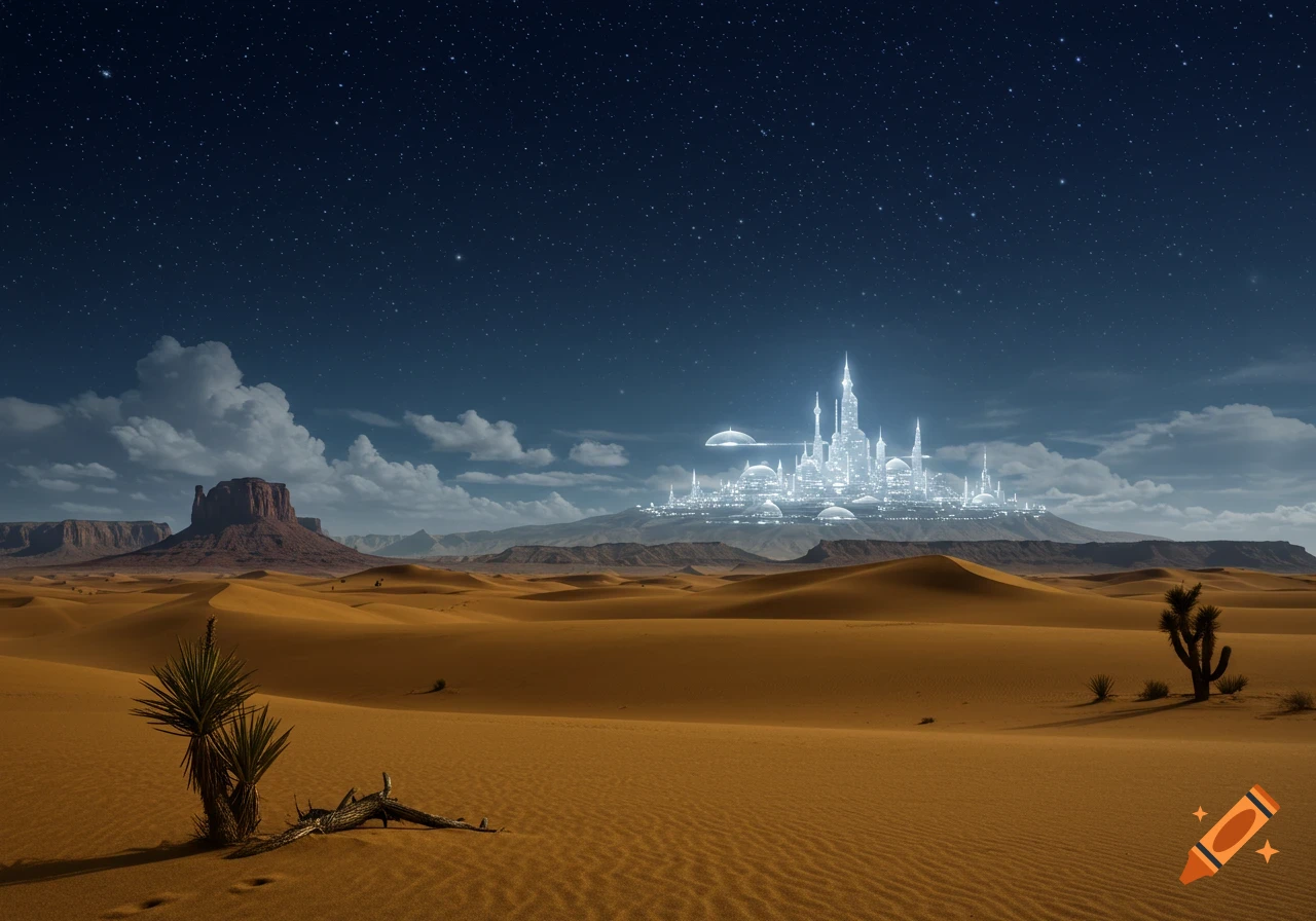 A vast desert at night with a starry sky and a glowing futuristic city in the distance.