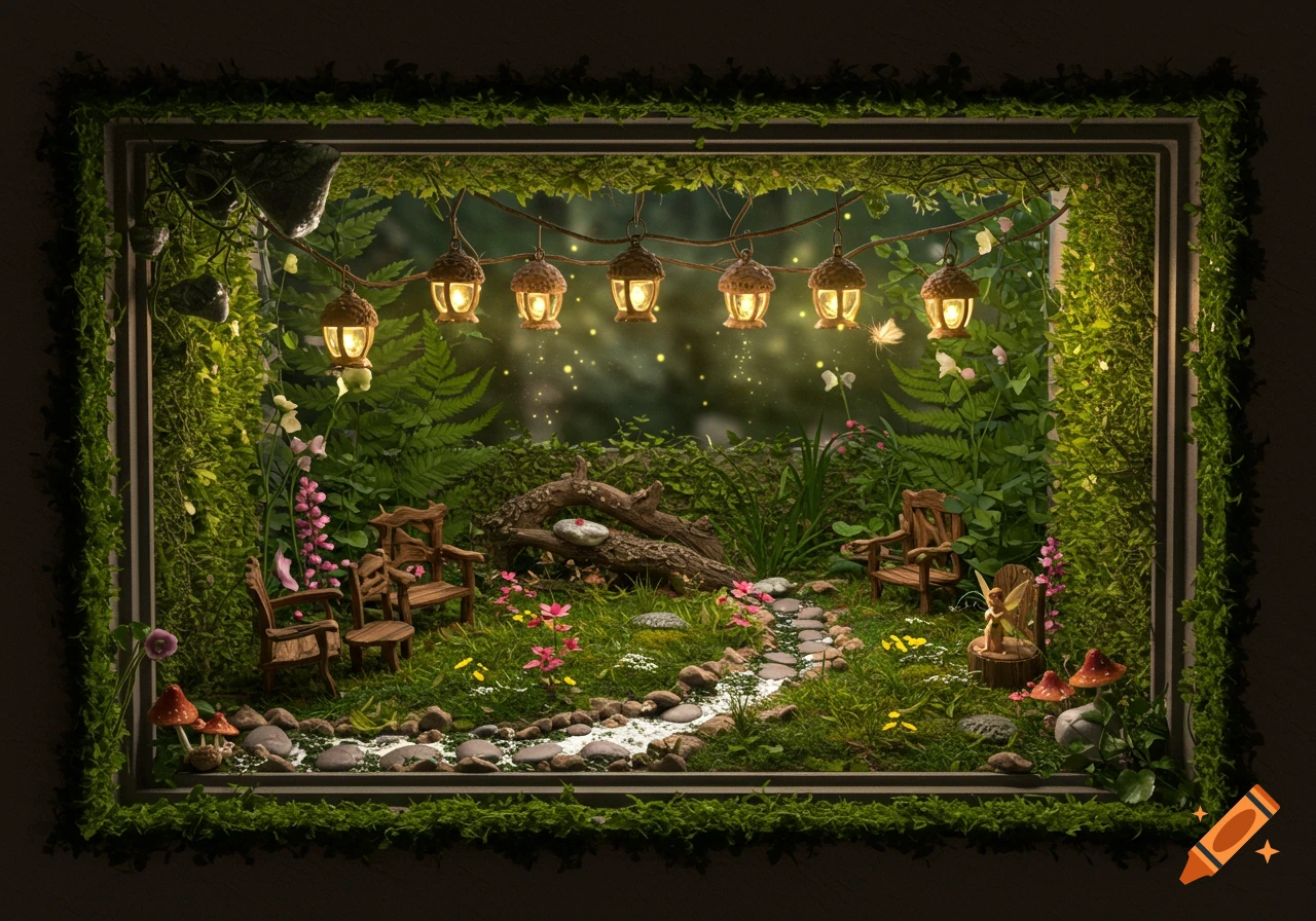 A detailed miniature fairy garden scene in a window frame, with glowing acorn lanterns, tiny chairs, a stone path, and a fairy figurine.