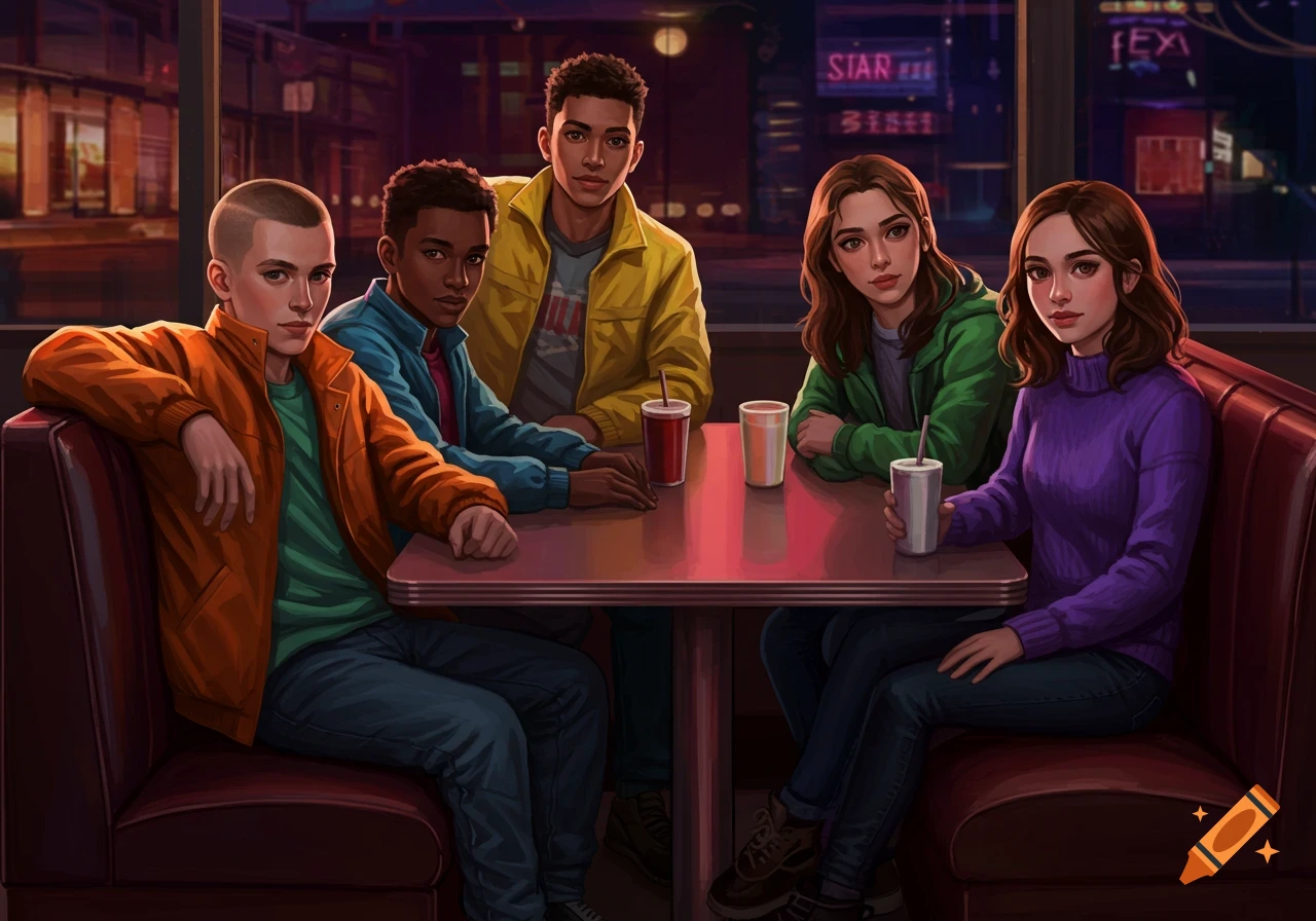 Five teenagers (three boys, two girls) sit in a booth at a nighttime diner, painted in a stylized, dark art style.
