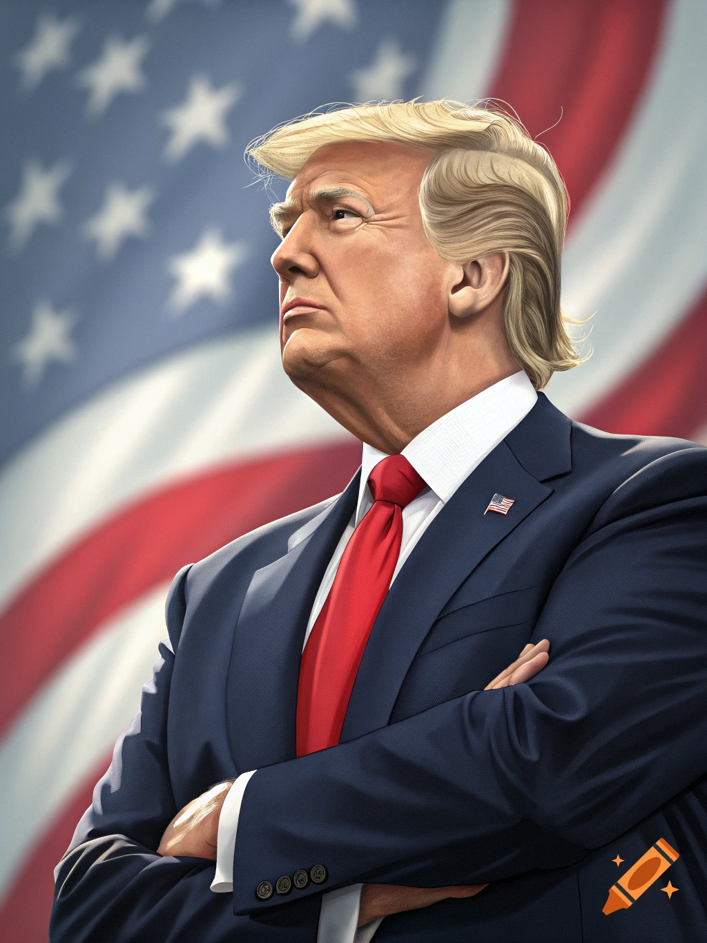 Illustrative portrait of Donald Trump in a suit with a red tie and an American flag background, arms crossed.