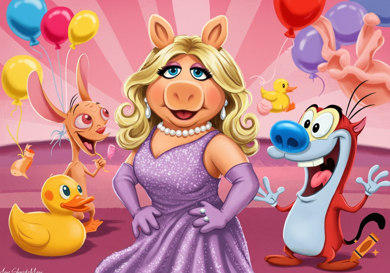 Cartoon illustration of Miss Piggy in a purple dress standing between Ren and Stimpy at a party with balloons and rubber ducks.