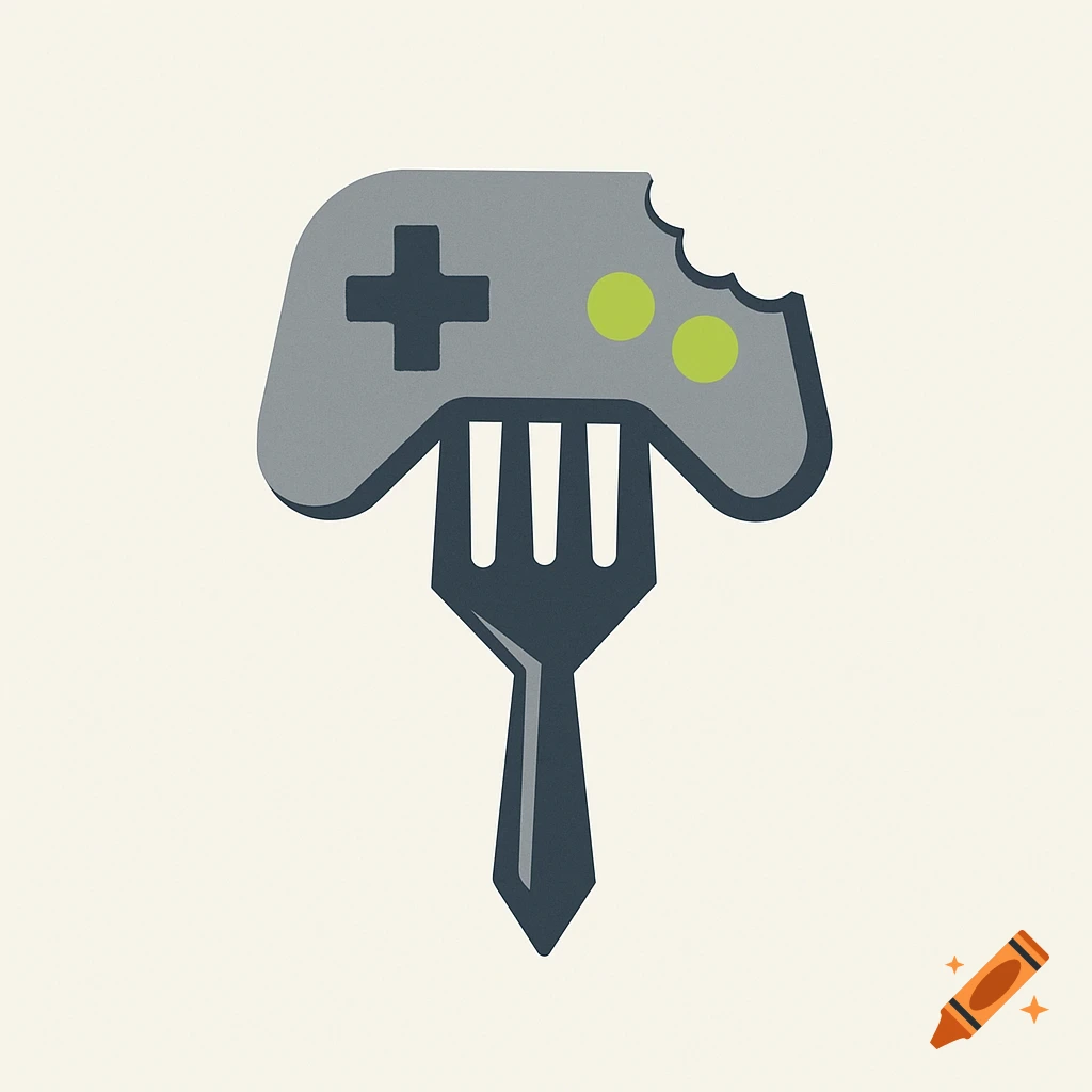 Minimalist logo of a grey gamepad with a bite taken out, held by a dark grey three-pronged fork.