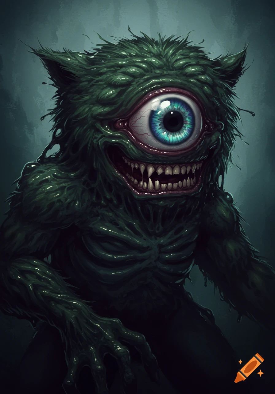 A green, furry, and slimy cyclops monster with a large blue eye and sharp teeth stares menacingly.