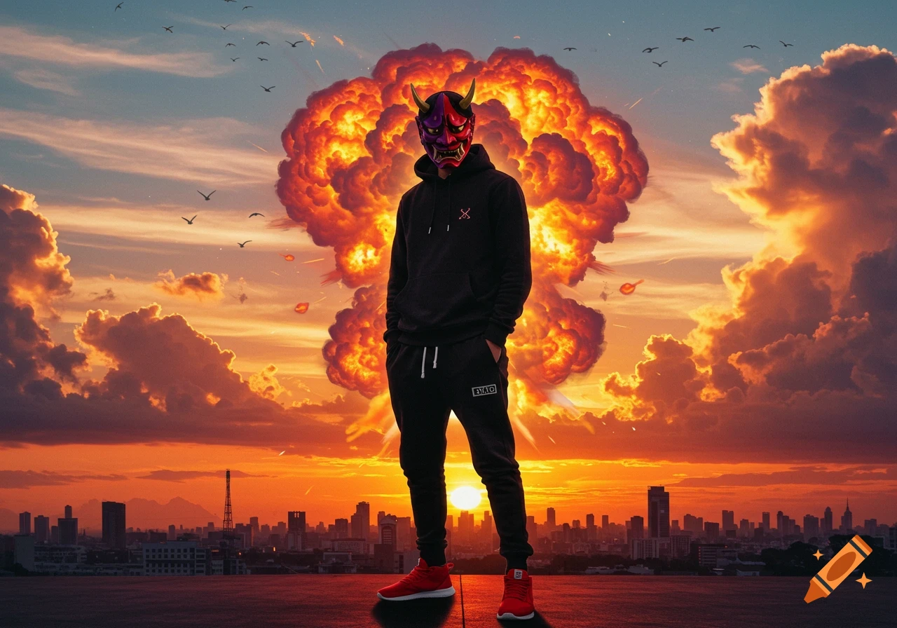 A man in a black hoodie, sweatpants, and red shoes stands wearing a red and purple oni mask, with a massive explosion behind him over a city at sunset.