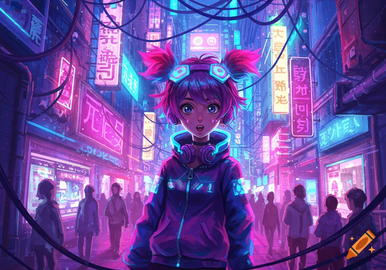 An anime girl with pink pigtails and headphones stands in a vibrant, neon-lit cyberpunk city street.