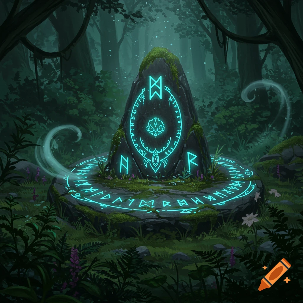 A glowing stone monolith with mystical runes in a dark, lush forest.