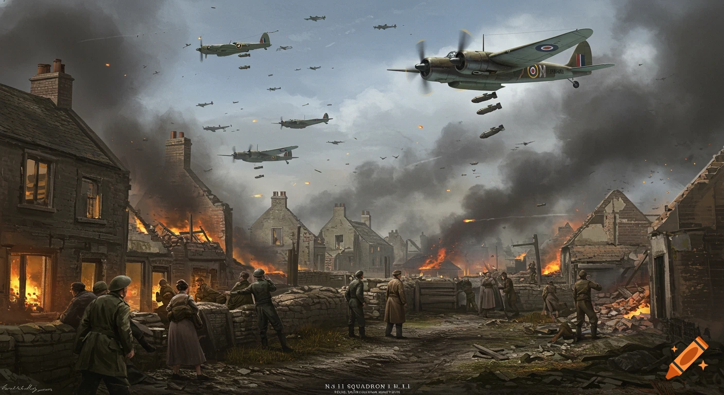 Realistic World War II scene of bombers over a war-torn village with burning buildings and people taking cover.