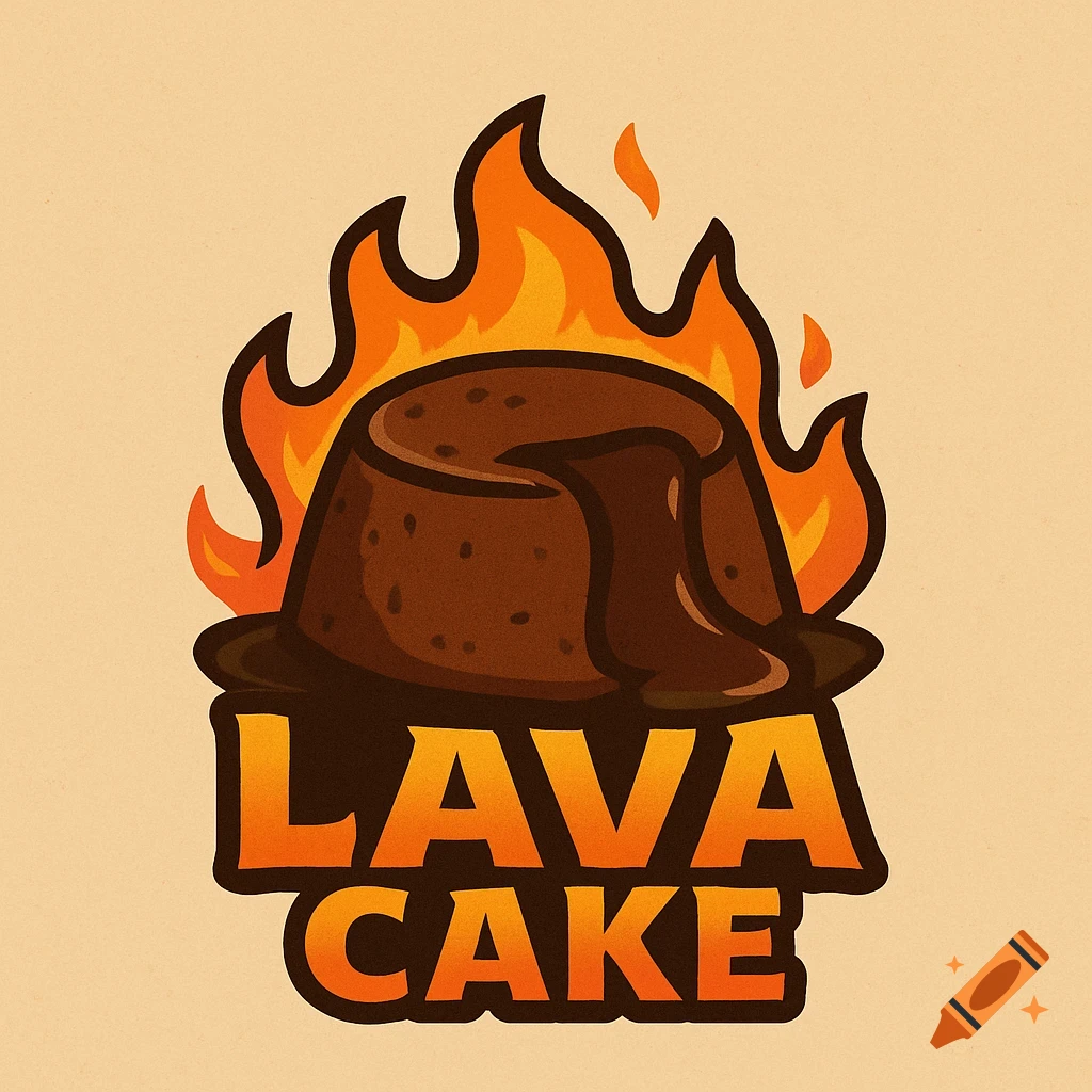 A stylized logo featuring a dark chocolate lava cake with molten center ...