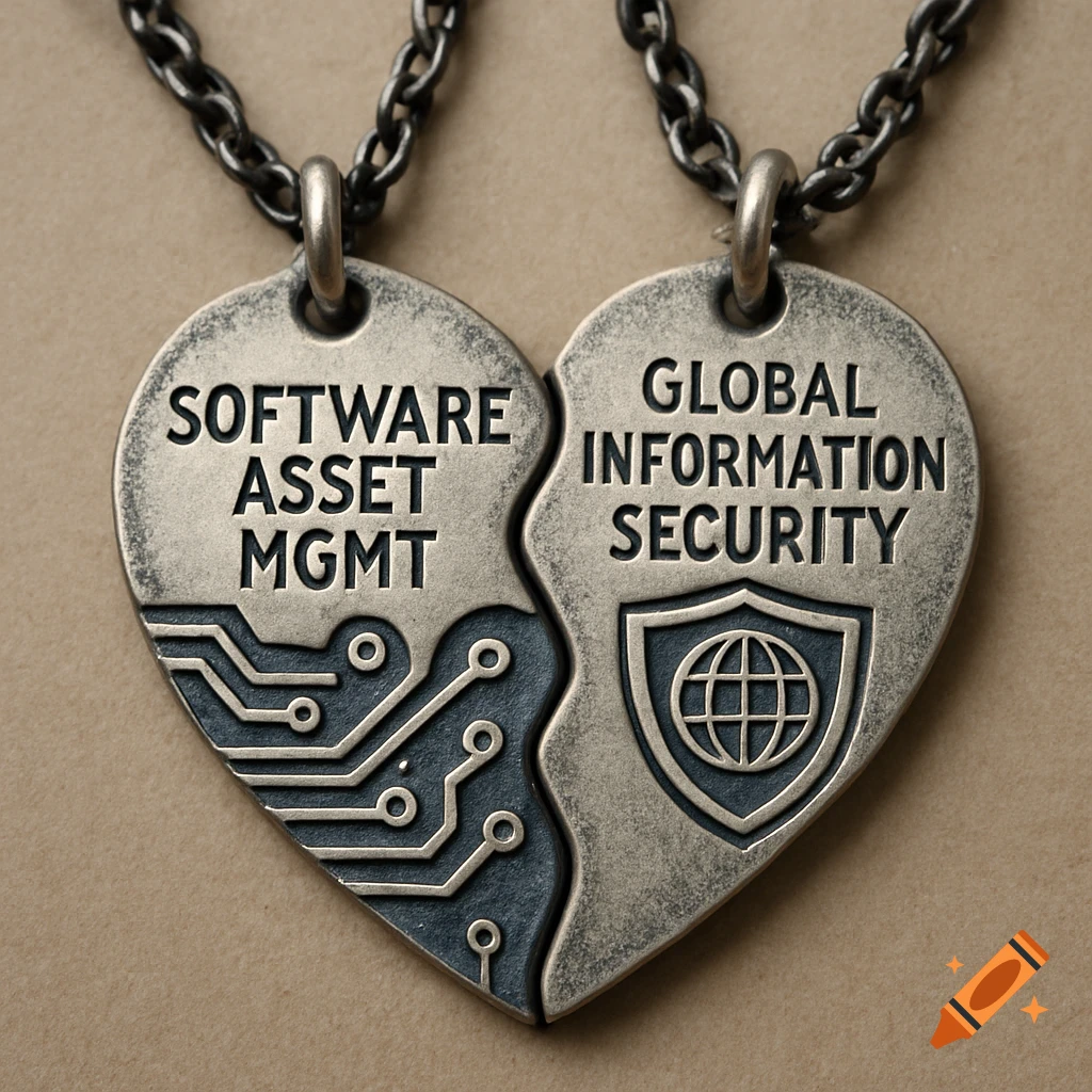 A two-piece heart-shaped necklace. One half says "SOFTWARE ASSET MGMT" with a circuit board design, the other "GLOBAL INFORMATION SECURITY" with a globe shield design.