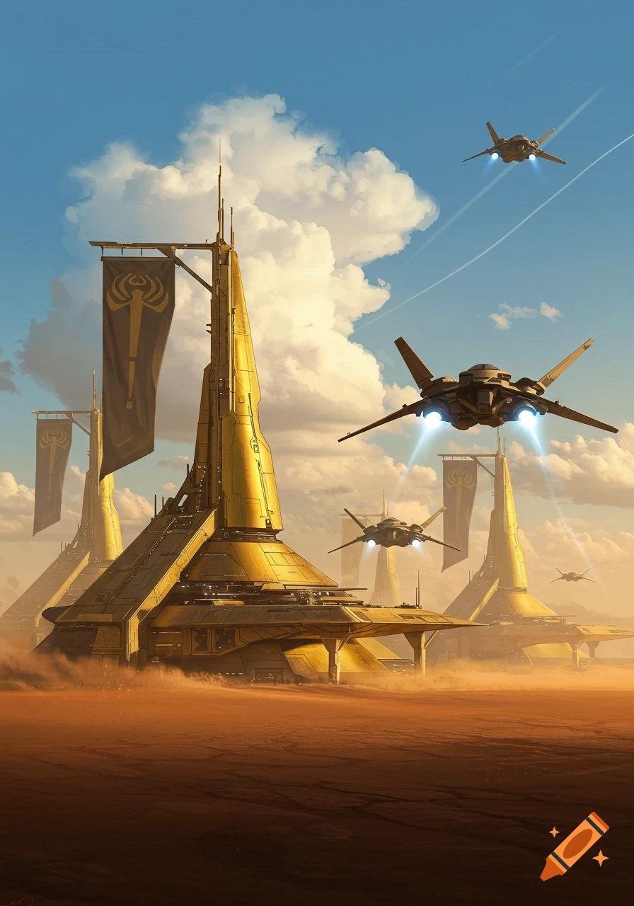 Futuristic golden buildings and advanced aircraft in a desert landscape under a blue sky.