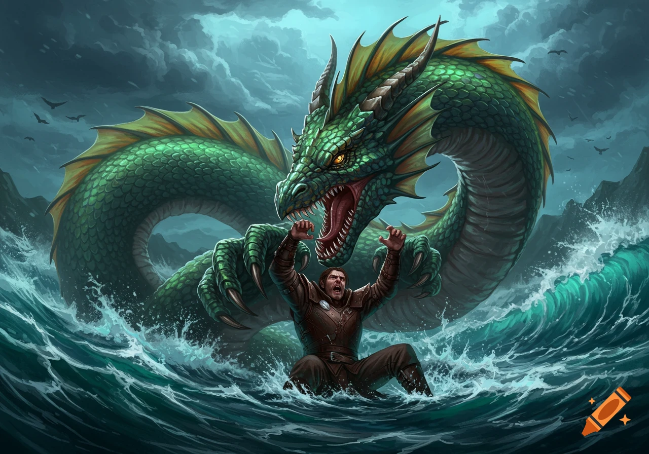 A man struggles in turbulent sea as a huge green sea dragon with bared teeth looms over him, digital painting.