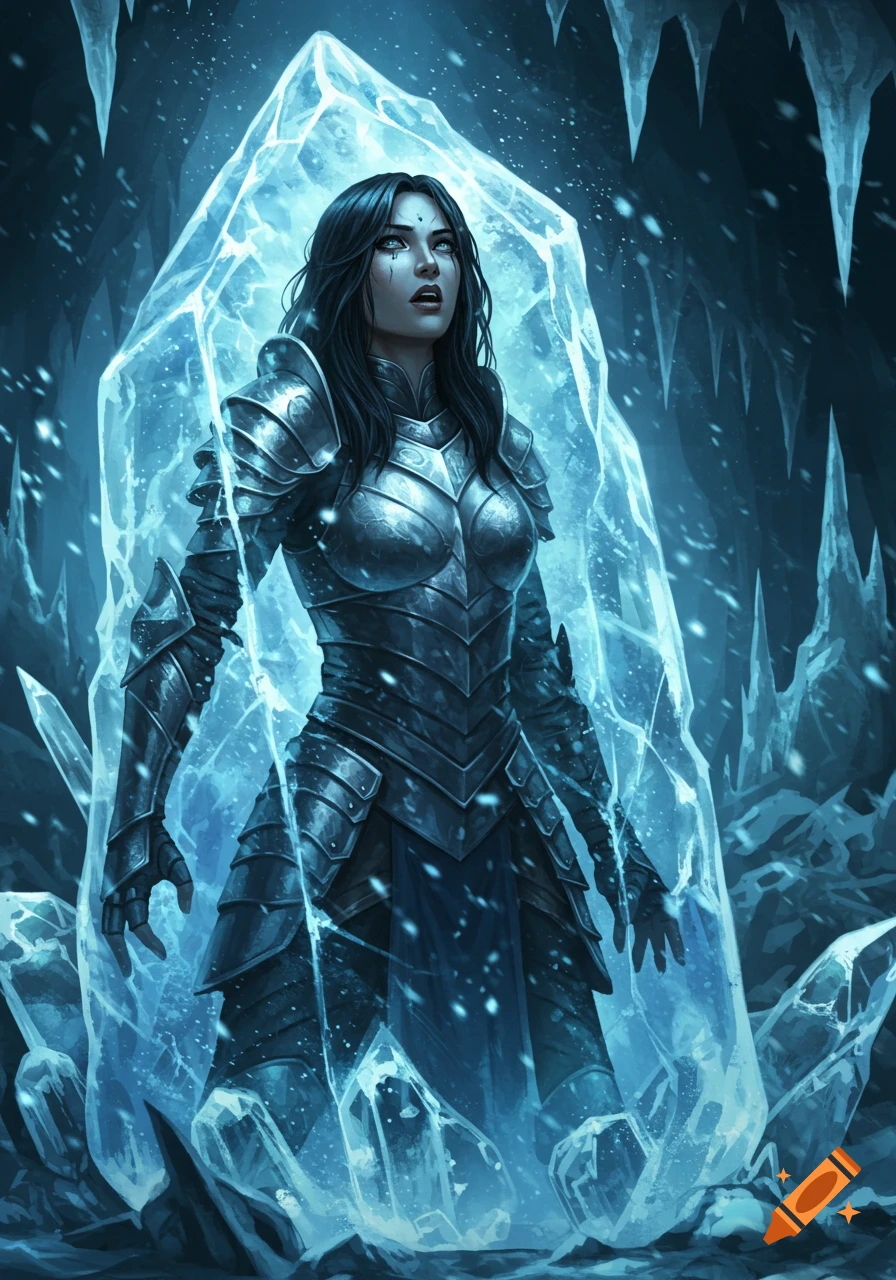 A female warrior in intricate armor, looking upwards, trapped within a large glowing ice crystal in a dark, icy cave.