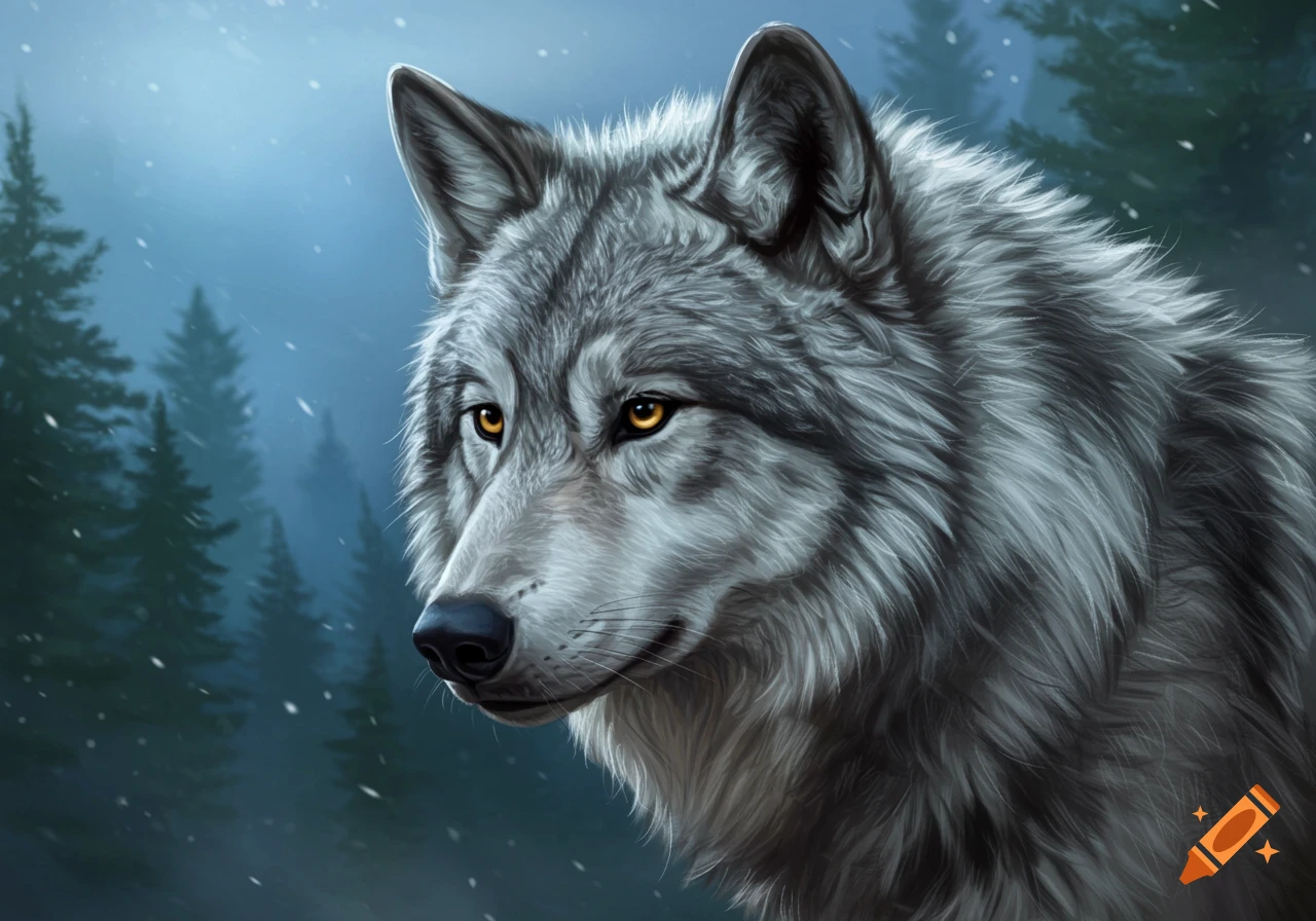A close-up digital painting of a gray wolf with piercing yellow eyes in a snowy forest at dusk.